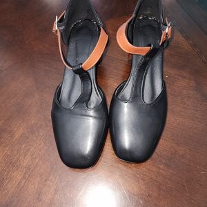 Chic Black and Tan T-Strap Heels